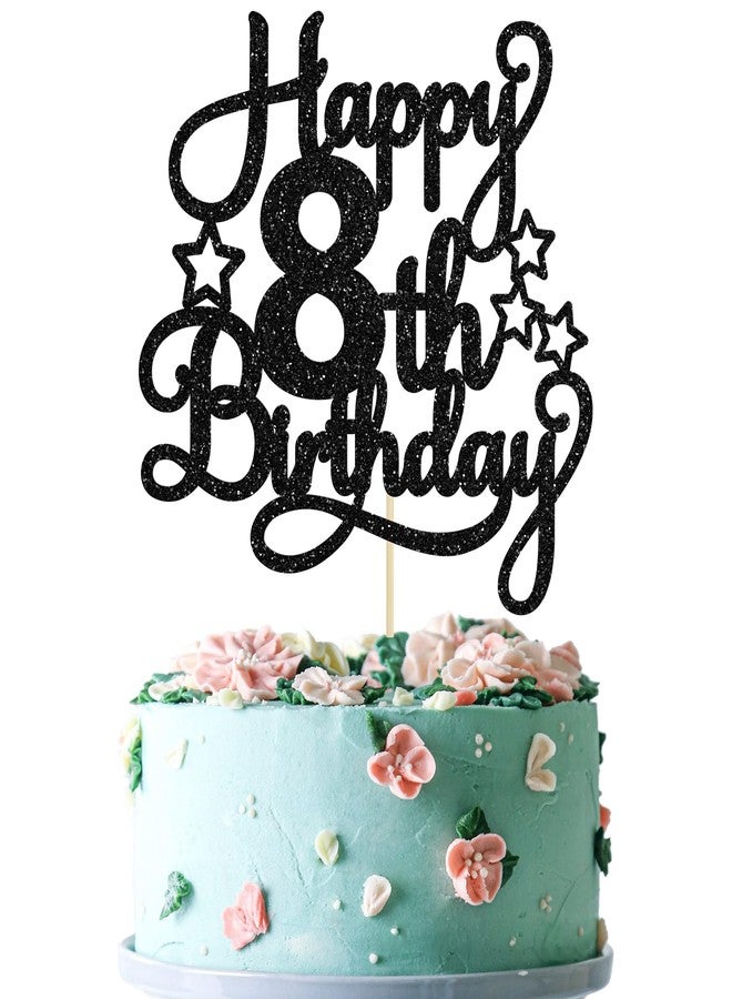 Ephlyn 1 Pack Happy 8th Birthday Cake Topper Black Glitter 8th Birthday Cheers to 8 Years Old Birthday Cake Pick for Celebrating 8th Birthday Anniversary Party Cake Decorations Supplies - Image 1